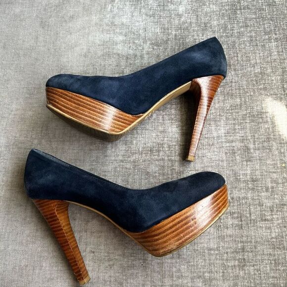 Stuart Weitzman Stilts Platform Pump Blue Suede Stacked Heel Womens Size 5.5 M - Picture 6 of 8